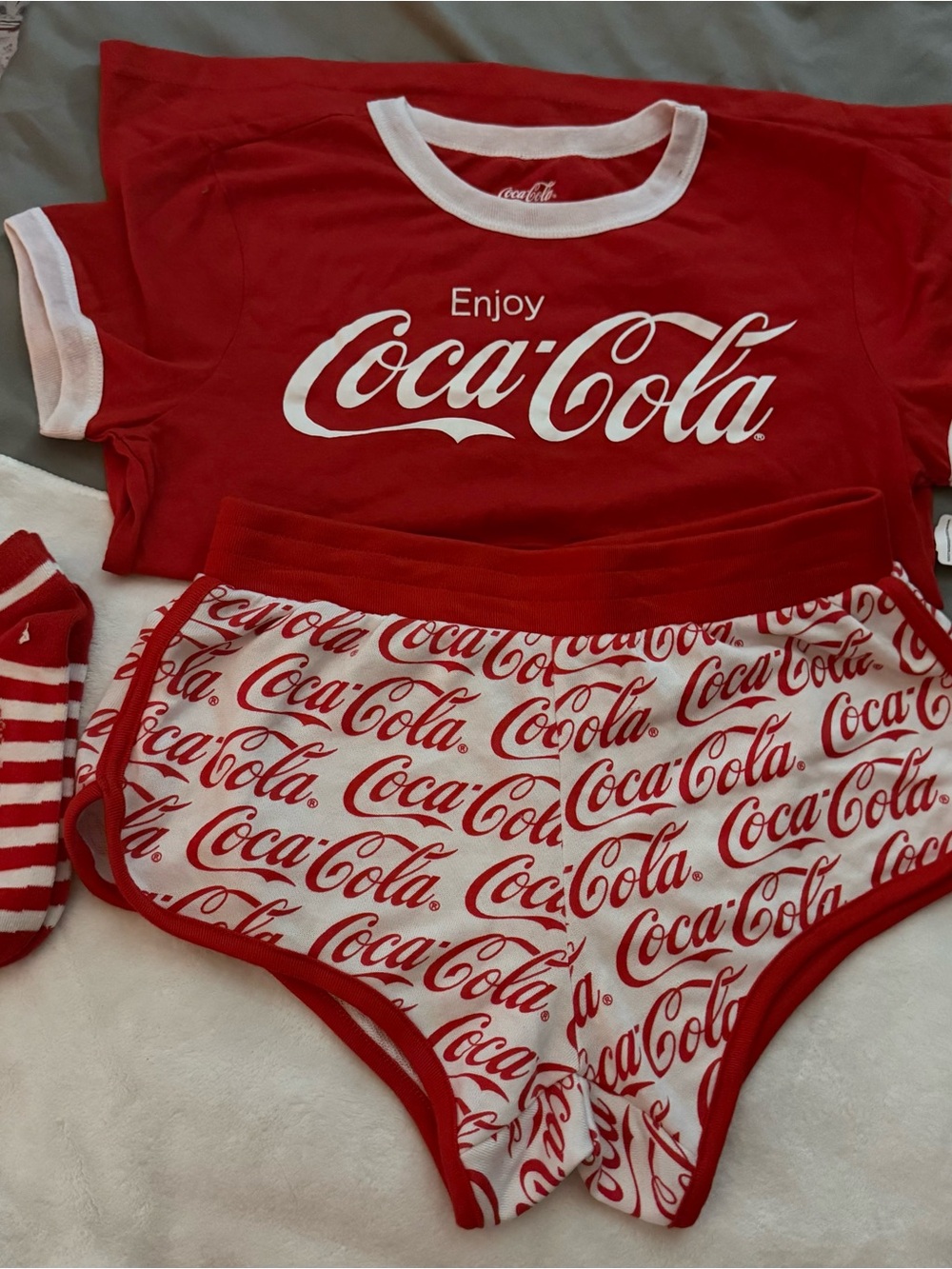 Coca-Cola 3-Piece Lounge Set | Ringer Tee + Shorts + Socks | XS